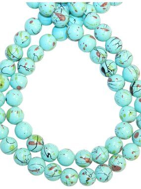 Light Blue 8mm Round Graffiti Splatter Drawbench Opaque Glass Beads 32" G2325